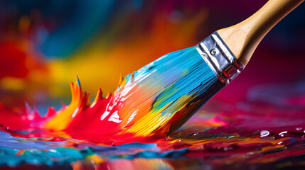 Paint brush painting an abstract multi colored paint stroke 