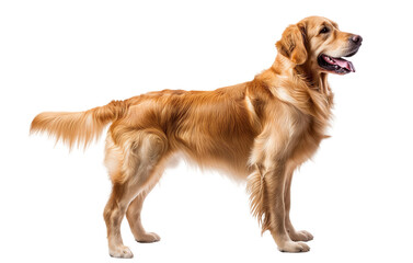 Side view of a standing goldne retriever dog isolated on a white background