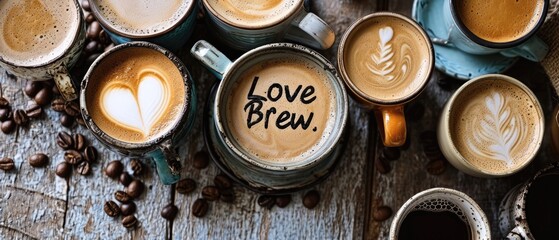 A Creative Arrangement Of Coffee Cups With Latte Art Forming The Text Love Brew - obrazy, fototapety, plakaty