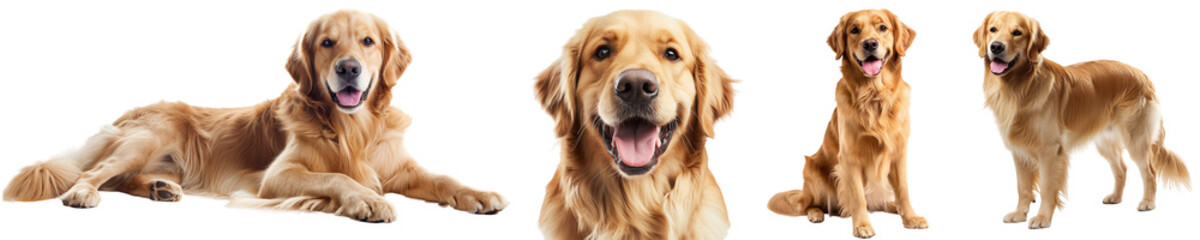 Happy golden retriever dog collection (lying, portrait, sitting, lying) isolated on a white...