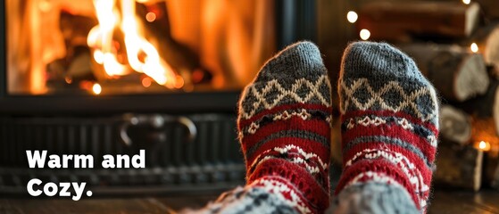 Creating A Cozy Atmosphere: A Pair Of Feet In Warm Socks By The Fireplace