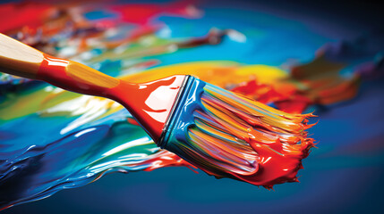Paint brush painting an abstract multi colored paint stroke 