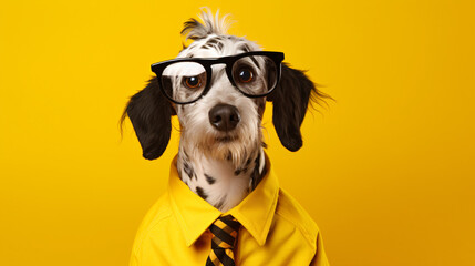 Portrait of a dressed dog with glasses