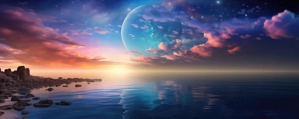 Fotobehang Captivating Sunrise Turns The Sea Into A Breathtaking Canvas Space Background With Nebula And Stars, Immersive Spherical Panorama © Ян Заболотний
