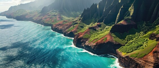 Kauai's Napali Coast: Where Majestic Cliffs And The Turquoise Ocean Collide - obrazy, fototapety, plakaty