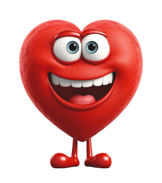 Cartoon happy heart with a wide smile. Isolated on a transparent background.
