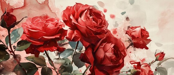 Vibrant Red Roses On A Soft Blush Watercolor Canvas