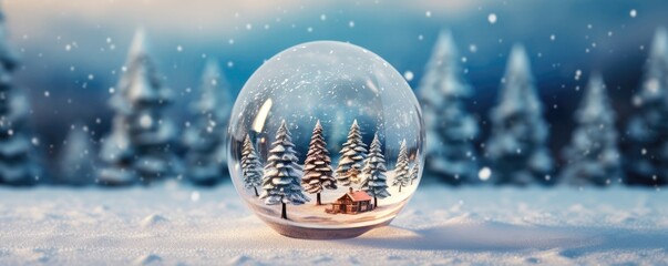 Fototapeta na wymiar Winterthemed Christmas Ball With Tree Inside, On Glass Surface