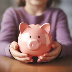 Child holding a pink piggy bank. A concept of saving money at a young age. 