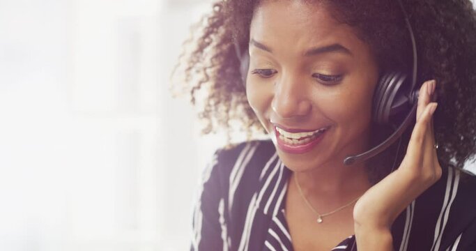 Phone call, black woman in callcenter and contact us with CRM, communication and customer service consultant. Help desk, headset with microphone and agent in telemarketing sales, telecom and advice