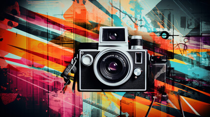 Retro Camera with Abstract colored background vintage look  - obrazy, fototapety, plakaty