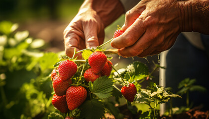 Recreation of farmer hands collecting strawberries - obrazy, fototapety, plakaty
