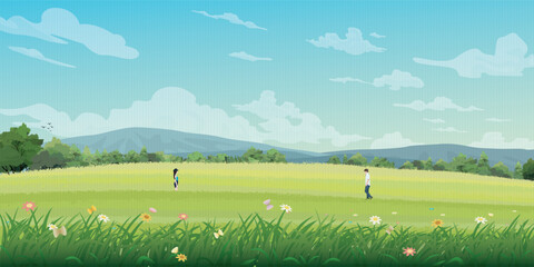 Couple of lover meeting at meadow on the hill have mountain range and blue sky background vector illustration. Journey of sweetheart concept flat design have blank space. - obrazy, fototapety, plakaty