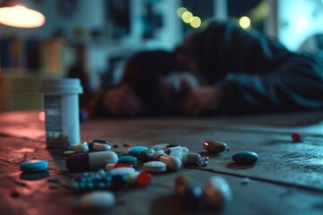 Emergencia de sobredosis con medicamentos esparcidos y persona desmayada