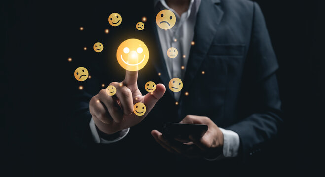 Businessman touching virtual icon positive smile happy emotion providing premium service. Top service Quality assurance, Guarantee, Standards, ISO certification, the assurance quality.