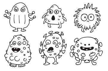 set of cute virus and bacteria characters. vector drawing in doodle style, cartoon.