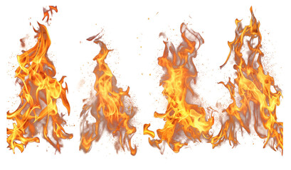 Burning fire flames isolated on transparent background. Set of glowing fires and hot sparks collection design elements for fireplace, Fire flames isolated. PNG transparency - obrazy, fototapety, plakaty