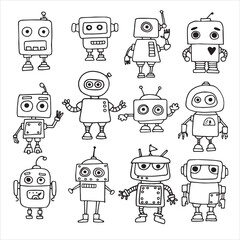 vector drawing in doodle style. set of cute robots. children's line drawing. funny robots	
