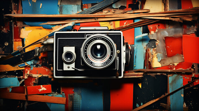 Retro Camera with Abstract colored background vintage look 
