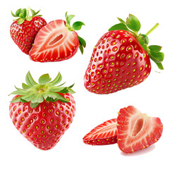 Set of ripe whole and sliced strawberries