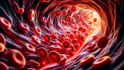 Red blood cells and white blood cells in blood vessels, AI generated image