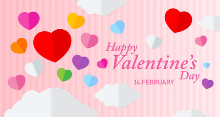 Happy Valentine's Day Celebration on Origami Paper Heart and Paper Cloud Style