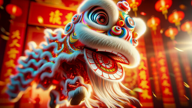 Performing a lion dance at the festival Chinese New Year background, AI Generate image