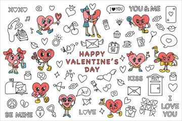 Trendy groovy valentines day sticker set. Retro valentines day. 70s 60s aesthetics. Vintage comic vector. Vector illustration. Vector 