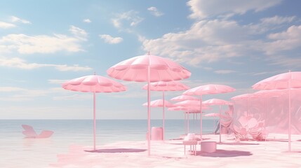 A sky of pink parasols and clouds floating on the beach. Generative AI