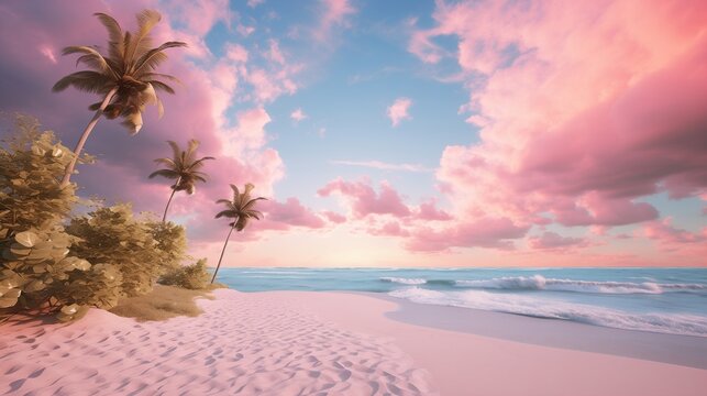 The beach and palm trees with pink sand. Pink cloud sky. Generative AI