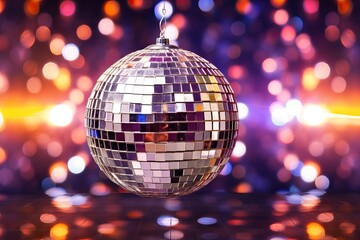 Disco or mirror ball with rainbow on colorful dark background with lights and sparcles. Music and dance party background. Trendy party symbol. Abstract retro 80s and 90s concept