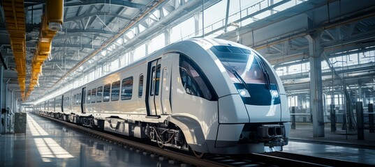 Passenger train on maintenance at factory. Generative AI technology.
