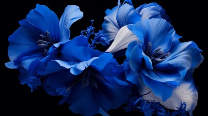 Blue flowers in full bloom against a black background. Generative AI