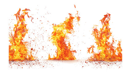 Burning fire flames isolated on transparent background. Set of glowing fires and hot sparks collection design elements for fireplace, Fire flames isolated. PNG transparency