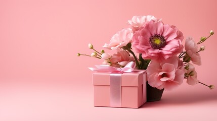 Bouquet of pink tulips on pink Background. gift box Backgrounnd.