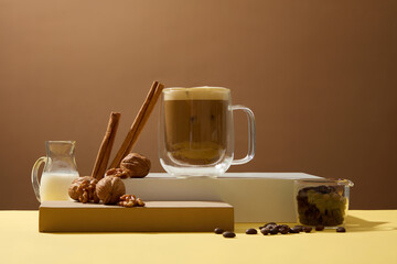 Background of the drink advertisement helps to keep the spirit awake. Cup of coffee with beans,...