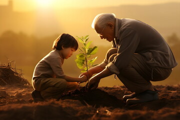 asian grandfather and grandson plant tree, Generative AI - obrazy, fototapety, plakaty