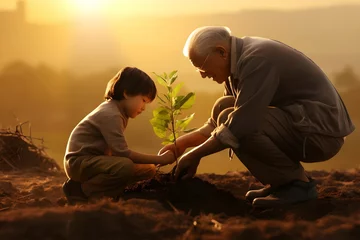 Fotobehang asian grandfather and grandson plant tree, Generative AI © dobok
