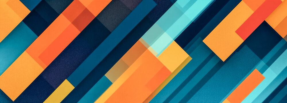 a colorful abstract background with a diagonal pattern of orange and blue squares and rectangles on a black background,  triadic color scheme, computer graphics, geometric abstract art, generative ai