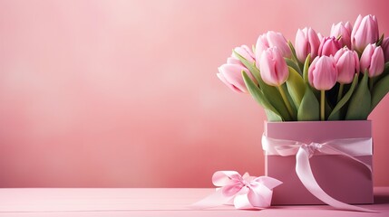 Bouquet of pink tulips on pink Background. gift box Backgrounnd.