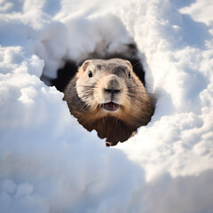 A groundhog coming out of its hole on Groundhog Day  - obrazy, fototapety, plakaty