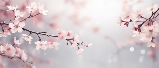 Spring themed background, cherry tree branches, bokeh, empty space, soft and vibrant colors - obrazy, fototapety, plakaty