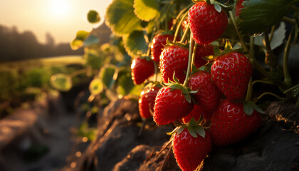 Recreation of red strawberries hanging in a plant at sunset - obrazy, fototapety, plakaty