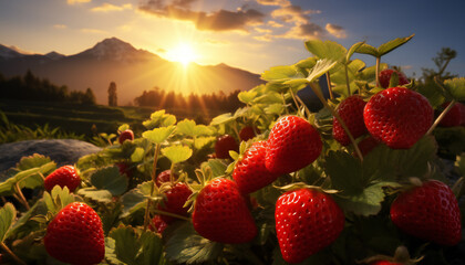 Recreation of fresh red strawberries in a plant at sunset	