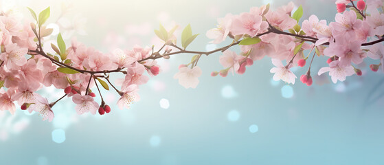 Spring themed background, cherry tree branches, bokeh, empty space, soft and vibrant colors