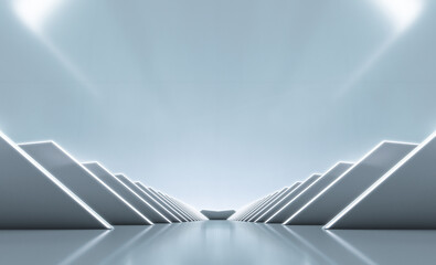 Elegant white futuristic light and reflection triangle wall background. 3D rendering.