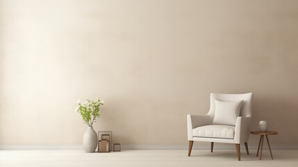 Modern Minimalist Interior with white wall and armchair. Beige white sofa couch in room. Generative AI