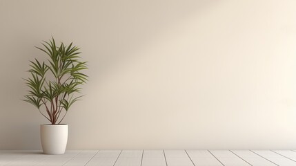 Fototapeta premium Beige empty concrete textured wall podium stage background, with plants. Empty room of modern contemporary loft with plants on wooden floor. White wall photography. Generative AI