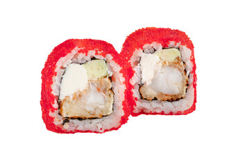 Sushi rolls boned in red artificial caviar on a white background close-up.