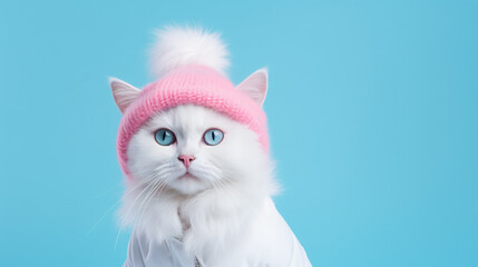 White cat in a pink warm hat